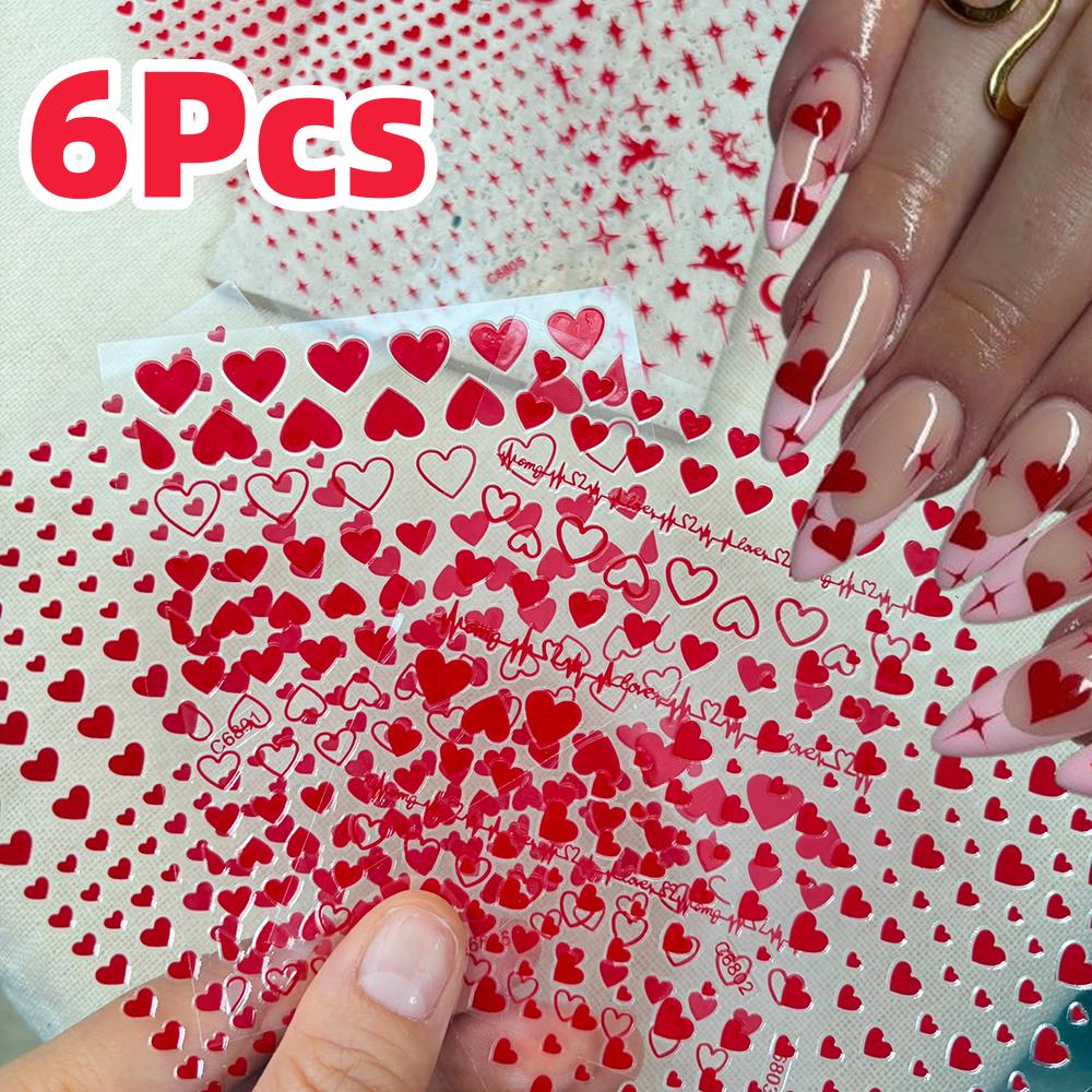 Nail Art Valentines Day - 6 adet/takım Kırmızı Aşk-Kalp Sevgililer Günü