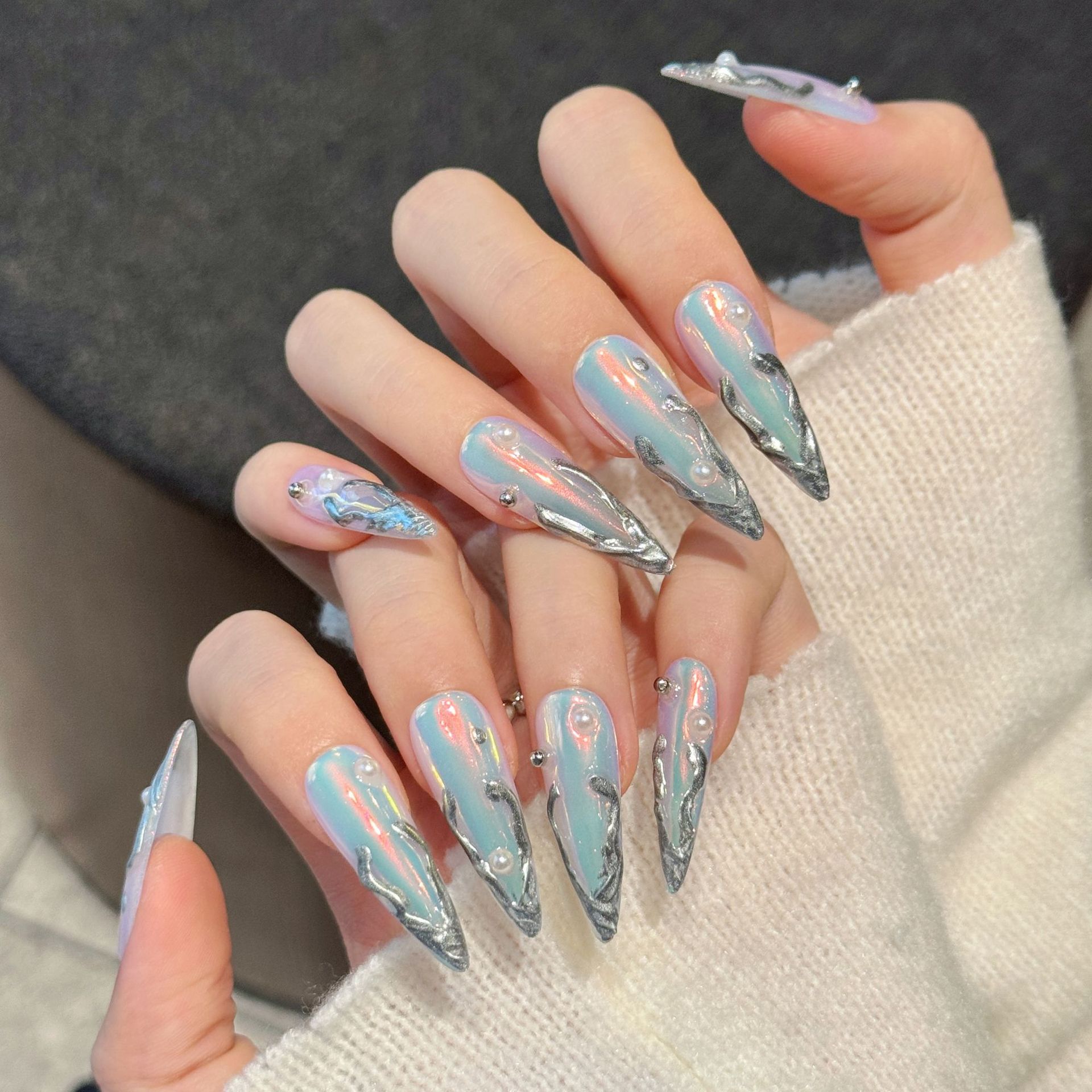 10 Adet Gümüş Aurora Uzun Stil - Nail Art Press On incelemesi ve fiyatı